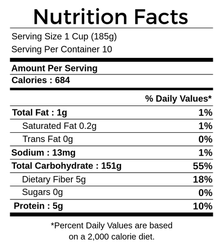 Example of Food Label This image shows an example of a nutrition facts label. The label starts at the top with the heading that says Nutrition Facts. Directly below, it defines the unit of measurement for all the data that follows. The serving size is 1 cup which weighs 185 grams. There are 10 servings in the entire container. Under the Amount Per Serving section, the Calories are listed as 684. This represents the total chemical energy available to the body through the metabolism of the macronutrients in one serving. Below that, the macronutrient contents are listed. Their masses are provided along with a Percent Daily Value, or DV, which is based on a standard 2000 calorie daily diet. The total fat content is 1 gram, which represents 1% of DV. This is further broken down into 0.2 grams of saturated fat and 0 grams of trans fat. The sodium content is 13 milligrams, which is 1% of DV. The total carbohydrate is 151 grams, which represents 55% of DV. It also includes 5 grams of dietary fiber, which is about 18% of DV, and 0 grams of sugar. The final nutrient is protein, in about 5 grams, which represents about 10% of DV.